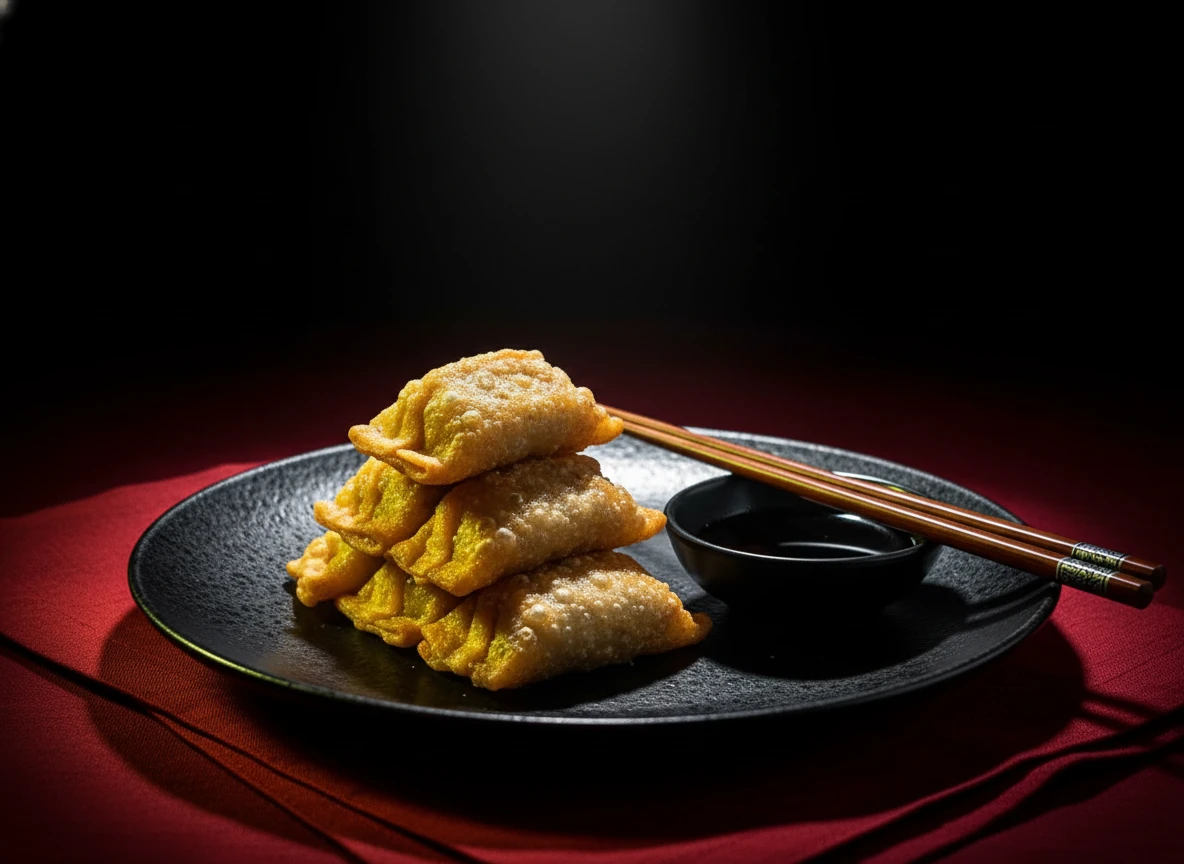 Crispy Asian dumplings with dark dramatic lighting