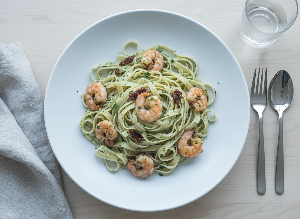 Green pasta with shrimp nordic natural light food photography