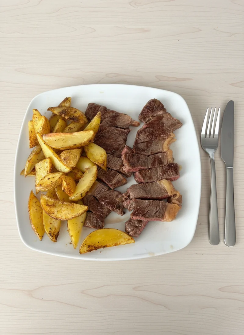 Grilled steak with potatoes editorial bright style