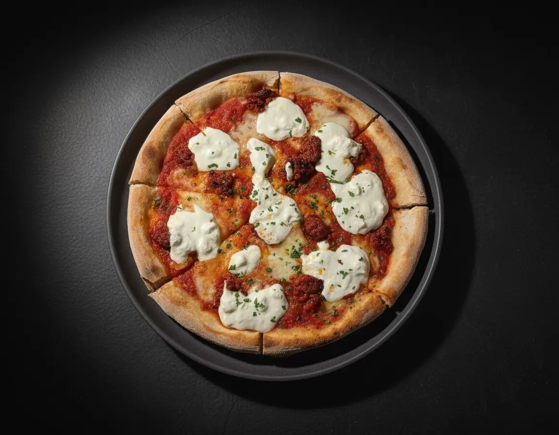 Pizza with sobrasada enhanced with custom AI prompt professional food photography