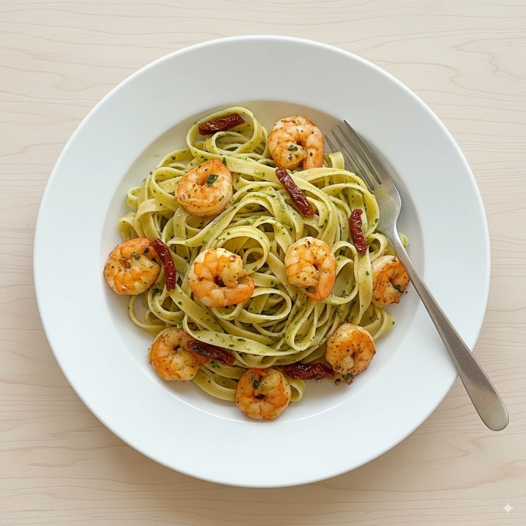 Shrimp pasta clean and airy photography style