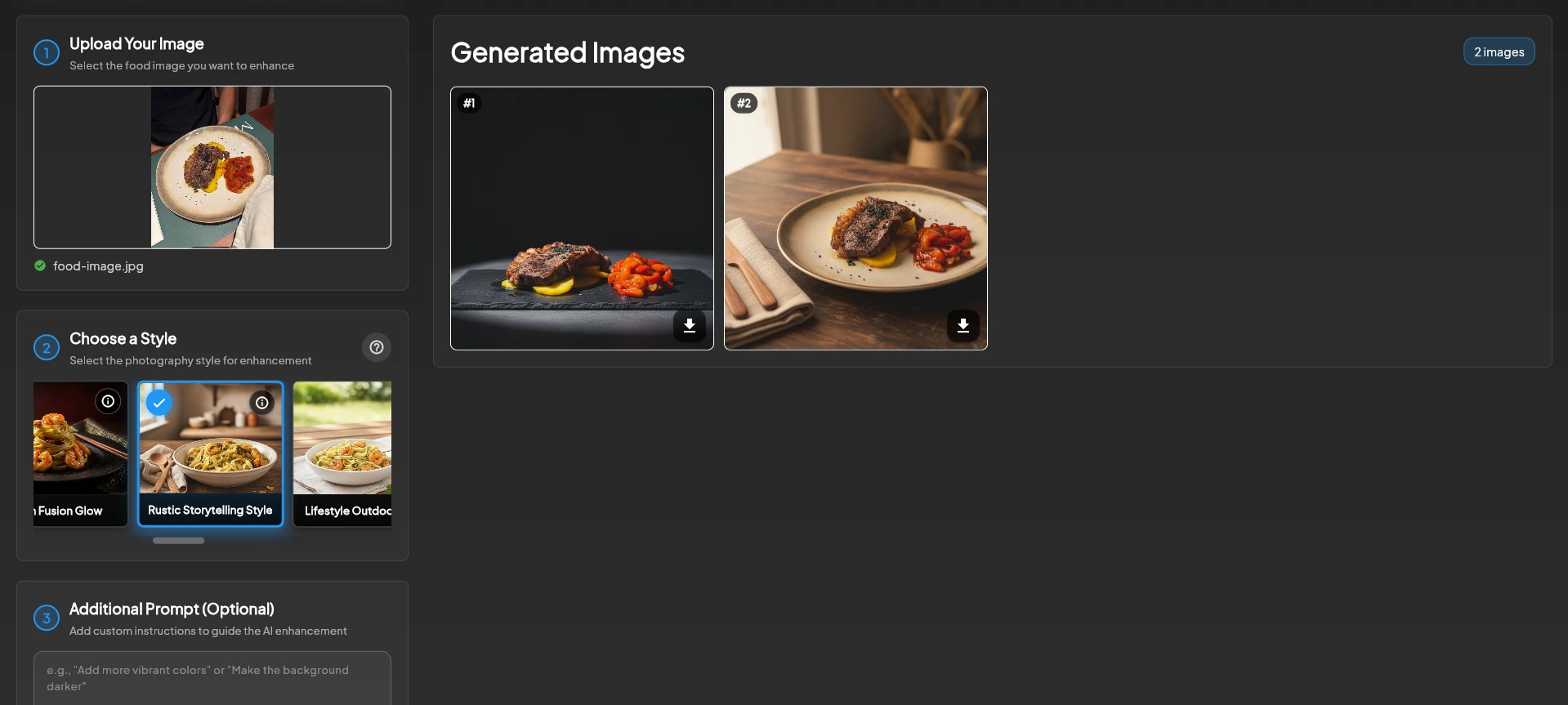 Platora AI food enhancement interface showing workflow process