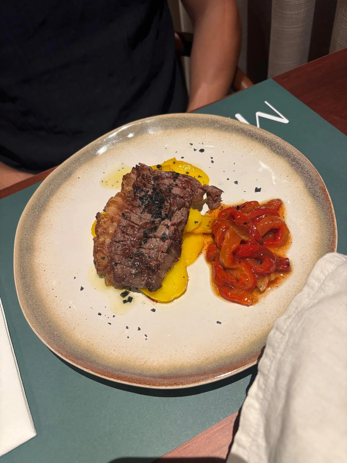 Casual restaurant steak with peppers before AI enhancement